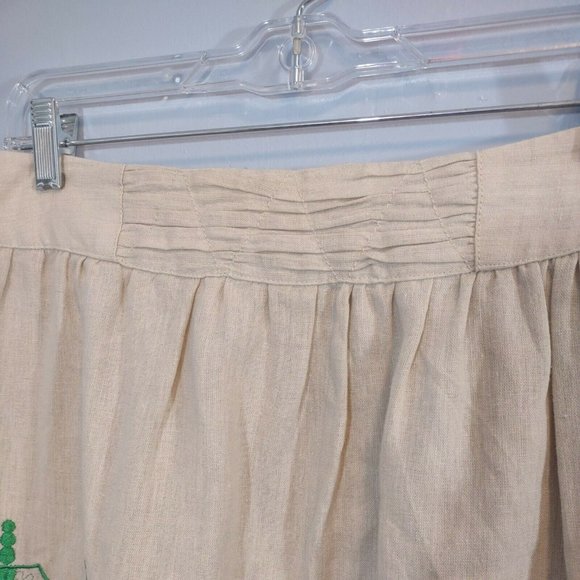 Madison Women's L Beige Linen Skirt Green Embroidery Elastic Waist Lined Boho - Picture 2 of 10